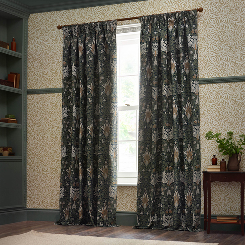 Snakeshead Pencil Pleat, Indigo/Leaf - Ready Made Curtains - Image 3